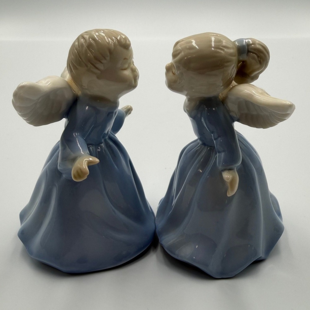 Vtg. Style Porcelain Kissing Angel Bells Set Blue White Cherub Figurines 3.75"
